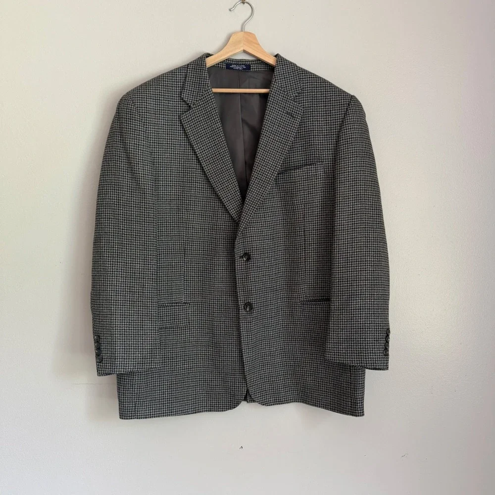 Vintage Chaps Ralph Lauren Wool Alpaca Houndstooth Blazer Sport Coat Gray Black